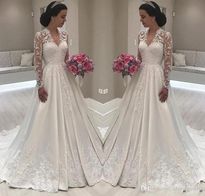 Custom Wedding Dress Online Awesome Modest Simple A Line Cheap Wedding Dresses Lace Satin Appliques Beaded Crystal V Neck Sweep Train Long Sleeve Wedding Bridal Gowns