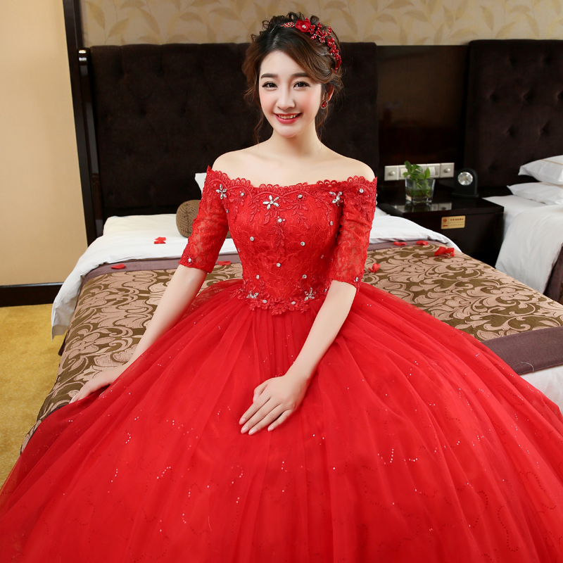 Free shipping Custom Made Wedding Dress 2016 New Half Sleeves Boat Neck y Lace Up Red
