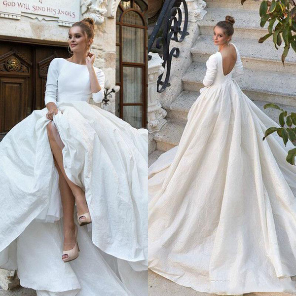 Cute Simple Wedding Dresses Best Of 2018 New Simple Satin Ball Gown Wedding Dresses 34 Long Sleeves Backless Ball Gown Court Train Custom Made Bridal Gowns Bridal Gowns Brides Dress