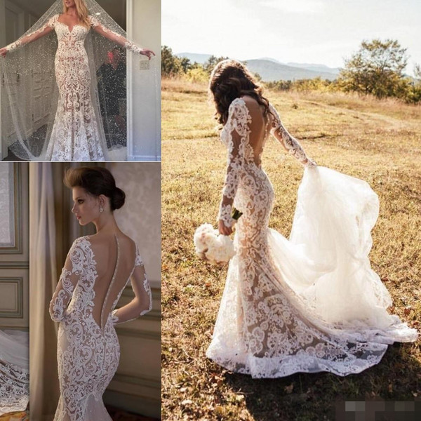 Detailed Wedding Dresses Beautiful Amazing Lace Detail Country Garden Mermaid Wedding Dresses with Long Sleeve 2019 Covered button Sweep Train Berta Bridal Wedding Gown Halter Mermaid