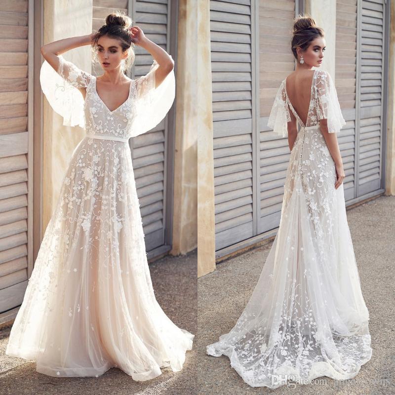 Dicount Bridal Inspirational Y Backless Beach Boho Lace Wedding Dresses A Line New 2019 Appliques Cheap Half Sleeve Country Holiday Bridal Gowns Real F7095