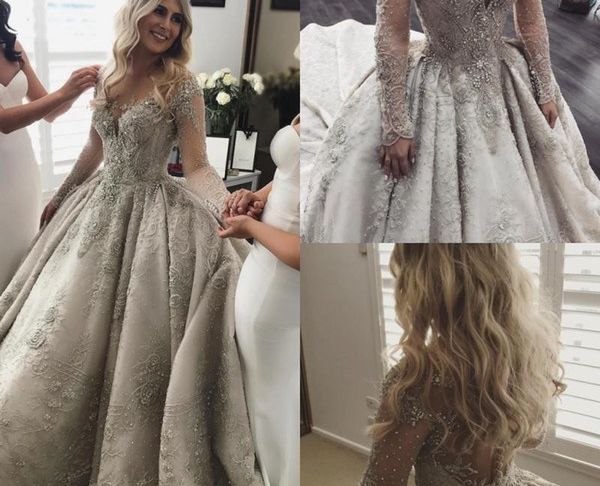 Discount Ball Gowns New Discount Long Sleeves Lace Ball Gown Wedding Dresses Rhinestone Jewel Neck Vintage Wedding Dress Full Beads Applique Ball Gown Bridal Gowns Princess