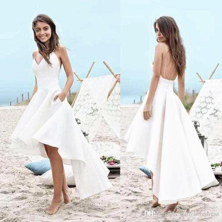 Discount Bridal Unique Cheap Summer High Low Beach A Line Wedding Dresses with Pockets Backless Spaghetti Strapssimple Short Front Long Back Bridal Gowns