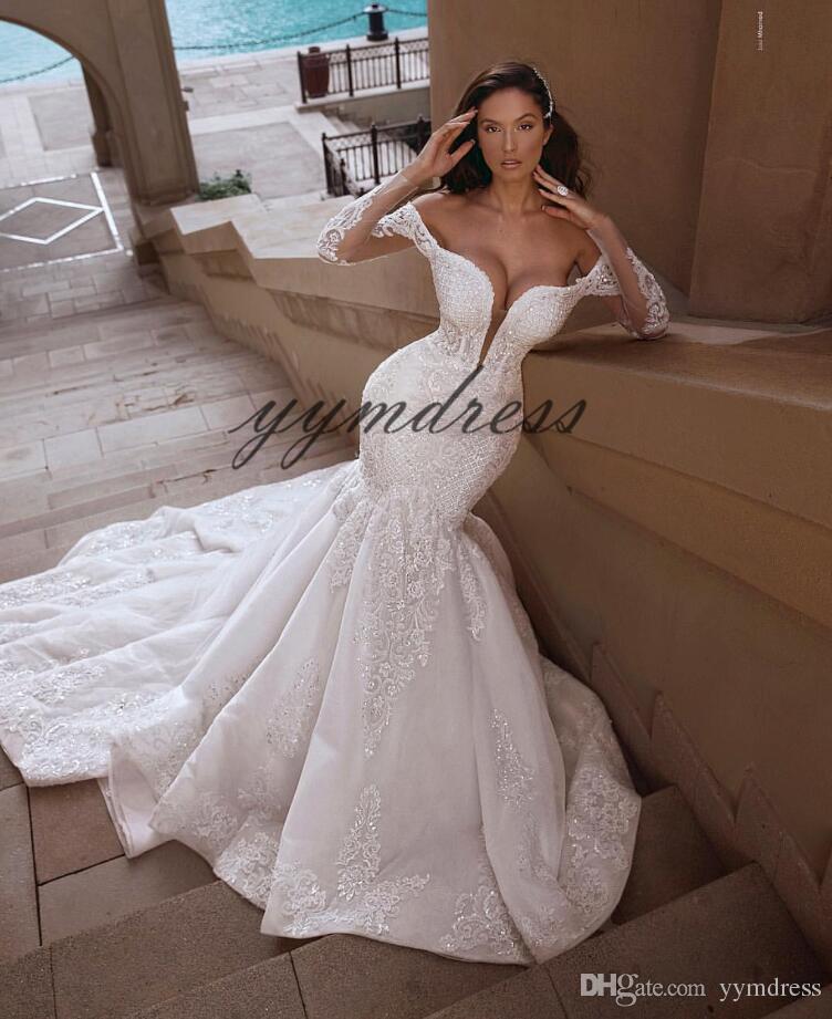 Discount Dress Shop Beautiful New Mermaid Wedding Dresses 2019 Long Sleeves Lace Appliques Sweep Train Custom Made Plus Size Bridal Gowns Robe De Mariee