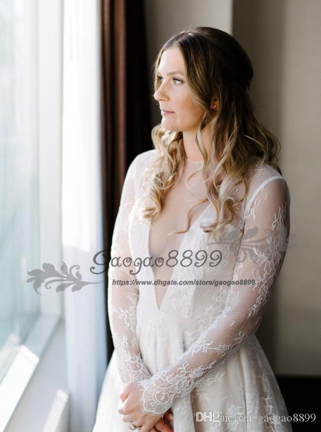 Discount Dress Shop Lovely 2019 New Designer Full French Lace Beach Boho Wedding Dresses Backless Garden Open Back V Neck Country Long Sleeves Bridal Wedding Gowns