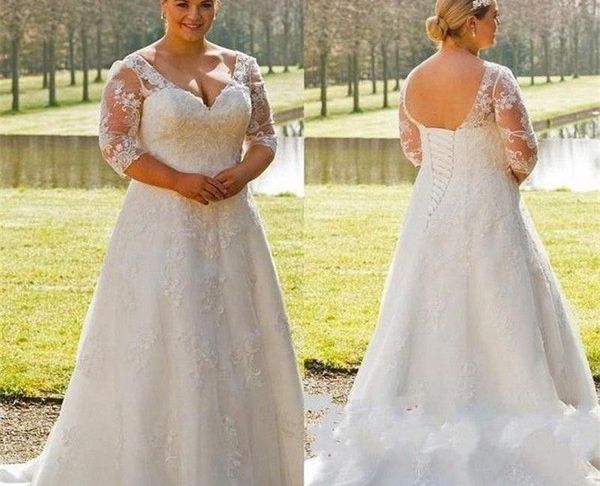 Discount Plus Size Wedding Dresses Lovely Discount Plus Size Wedding Dresses 2019 New V Neck Lace Up 3 4 Long Sleeve Sweep Strain Country Garden Wedding Gowns Bridal Dress Princess Wedding