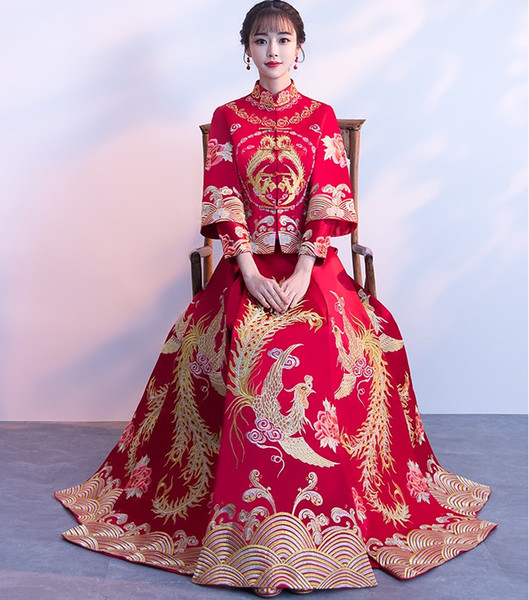 Discount Wedding Dresses Phoenix Awesome asian Chinese Traditional Classic Overseas Chinese Red Wedding Dresses Wedding Classic oriental Female Style Embroidered Phoenix Cheongsam Long Sleeve