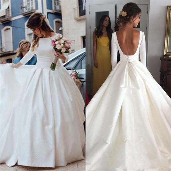 Draping Wedding Dresses Lovely 2019 White Satin Ball Gown Wedding Dresses with Long Sleeves Bateau Neckline Draped Court Train Backless Plus Size Bridal Gowns Custom Made Wedding