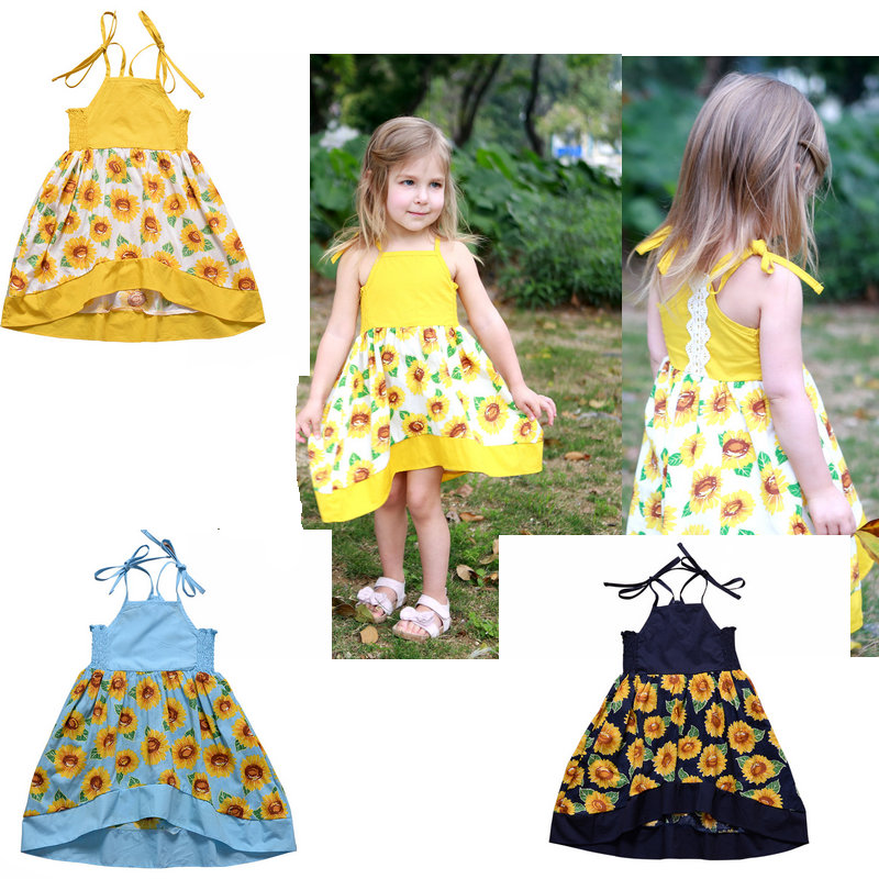 Dress Designer Names Unique Baby Girl Dresses Summer Sweet Sunflower Printed Sling Suspender Princess Dress Kids Designer Clothes Girls asymmetrical Yellow Prom Dresses
