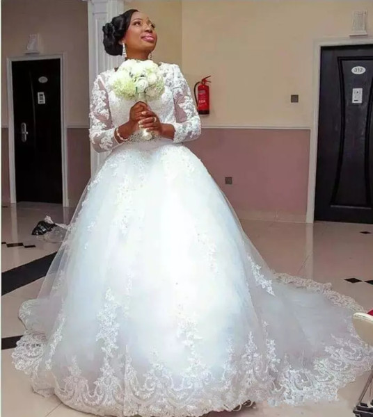 Dress for Court Wedding Elegant Discount Illusion Bodice African Wedding Dresses 2019 Court Train Vestidos De Novia with Long Sleeves Puffy Tulle Plus Size Bridal Gowns Strapless A