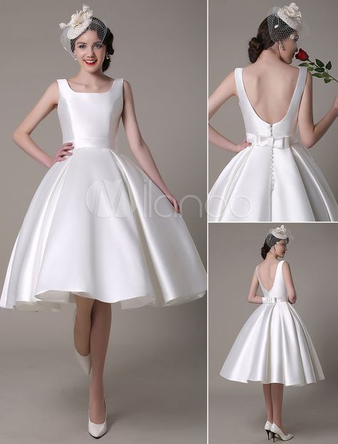 Dresses for Civil Weddings Elegant Ivory Wedding Dress Scoop Backless Knee Length Satin Wedding