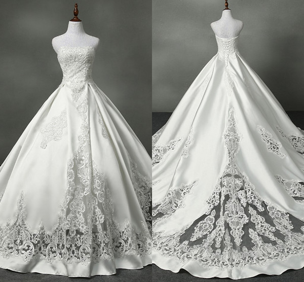 Dresses for formal Wedding Elegant 2019 Designer Lace Satin Wedding Dresses Bridal Gowns Ball Gown Strapless Lace Up Applique Beaded Wedding Dress formal Party Dress Plus Size Ball