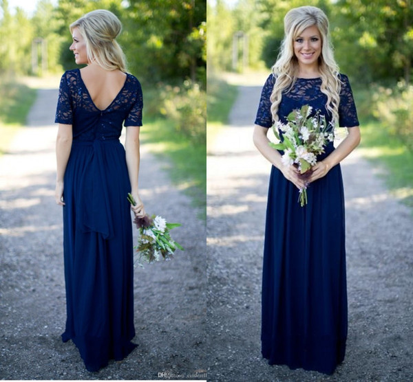 Dresses for Wedding Guest Spring 2016 Fresh 2018 Country Bridesmaid Dresses Hot Long for Weddings Navy Blue Chiffon Short Sleeves Illusion Lace Beads Floor Length Maid Honor Gowns Cadbury Purple