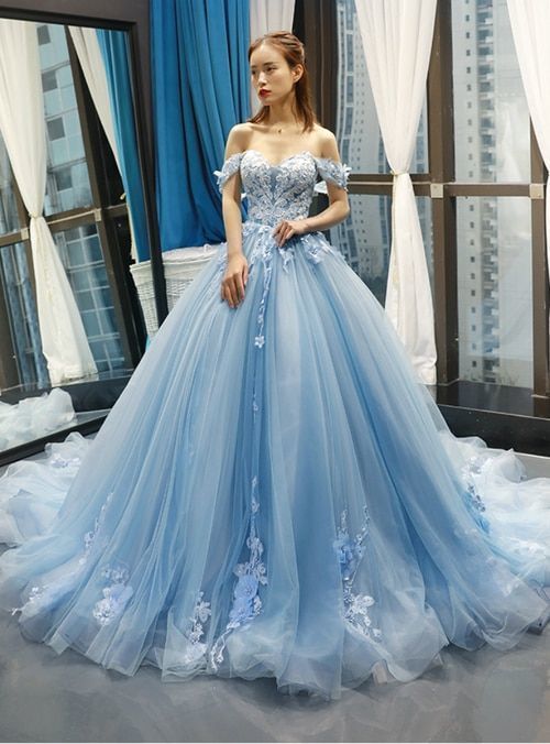 Dressing for A Ball Inspirational Blue Ball Gown Tulle Appliques F the Shoulder Backless