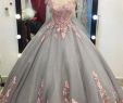 Dressing for A Ball Unique Gray Ball Gown Cap Sleeves Floor Length Pink Lace Appliques