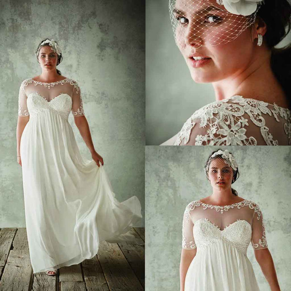 Empire Waist Wedding Dress with Sleeves Lovely Discount Plus Size Beach Wedding Dresses with Half Sleeves Sheer Jewel Neck A Line Lace Appliqued Bridal Gowns Chiffon Empire Waist Wedding Dress All