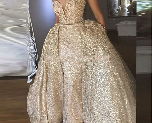 Expensive Gowns Unique 2019 Expensive Golden Prom Dresses with Detachable Train Spaghetti V Neck Backless 3d Flowers Party evening Gowns formal Dress Long Fashion Custom