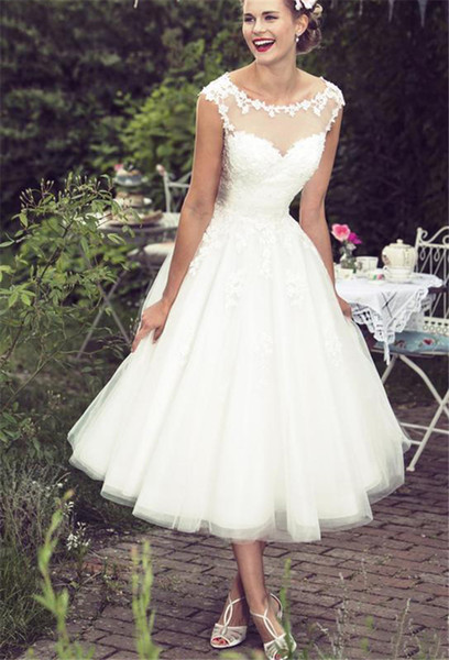 Fall Country Wedding Dresses Beautiful Discount Lace Tea Length Beach Wedding Dresses 2019 Vintage Sheer Neck Ivory Tulle A Line Country Style Short Bridal Gowns Monique Wedding Dresses