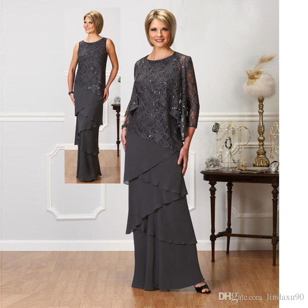 Fall Dresses for Wedding Guests Elegant Gray Lace Mother the Bride Dresses 2019 with Long Sleeves Jackets Jewel Neck Sequined evening Gowns Floor Length Wedding Guest Dress Mother Mary