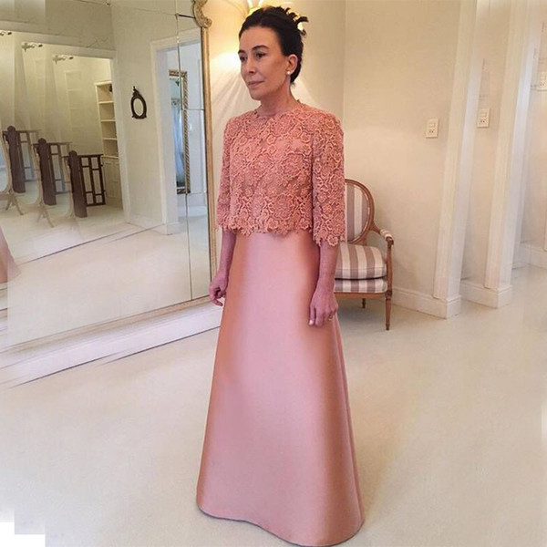 Fall Wedding Guest Dresses with Sleeves Unique Elegant Pink A Line Mother the Bride Dresses with Lace Jacket Bow Back Full Length Half Sleeves Satin Mother S Wedding Guest Dresses Mother the