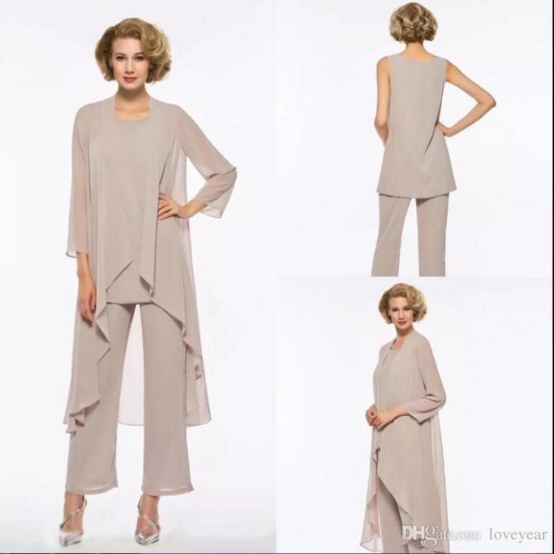 Fall Wedding Guest Dresses with Sleeves Unique Plus Size Mother the Bride Pant Suit 3 Piece Chiffon Wedding Guest Dress Mother Dress Long Sleeves Cheap Mothers formal Gown