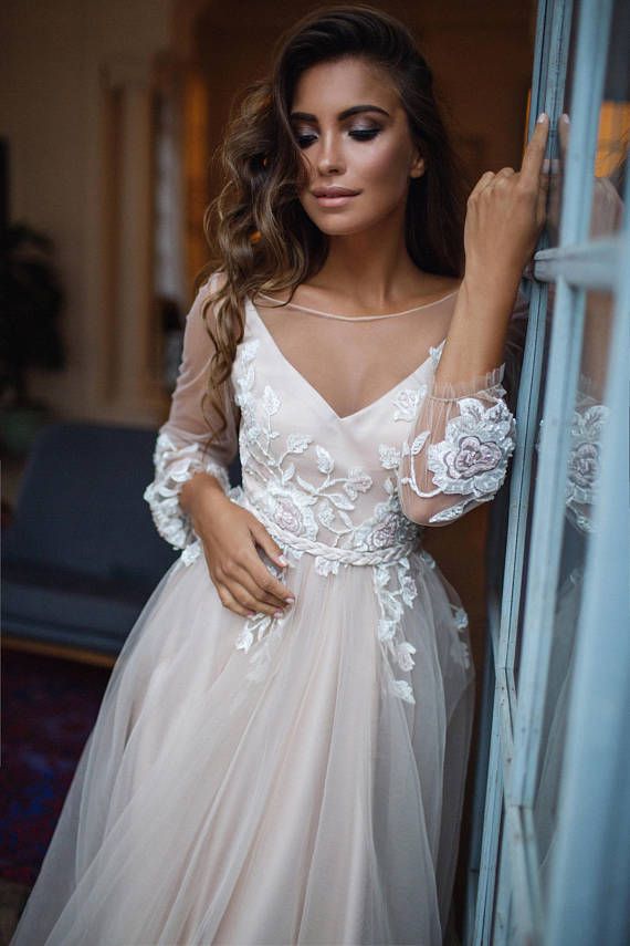 Floral Wedding Gown Inspirational Bohemian Wedding Dress Long Sleeve "tara" Open Back