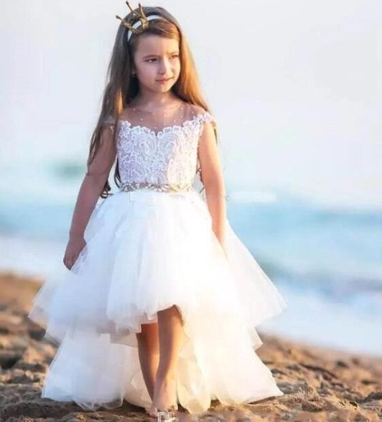 Flower Dresses for Wedding New High Low Flower Girl Dresses for Weddings Sheer Jewel Neck Appliques Sash Beads Hi Lo Girls Pageant Dress Child Birthday Party Gowns 2019 Little Girls
