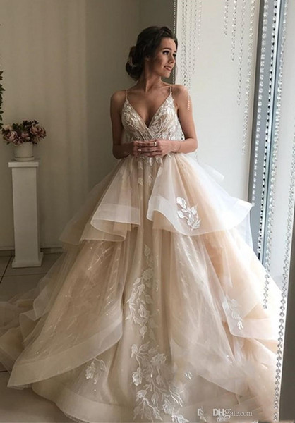 Flowing Wedding Dresses Fresh Discount 2019 New Champagne Elegant A Line Spaghetti Lace Wedding Dresses Tiered Ruffle Flowing Lace Applique V Neck Zipper Back Bridal Wedding Gowns