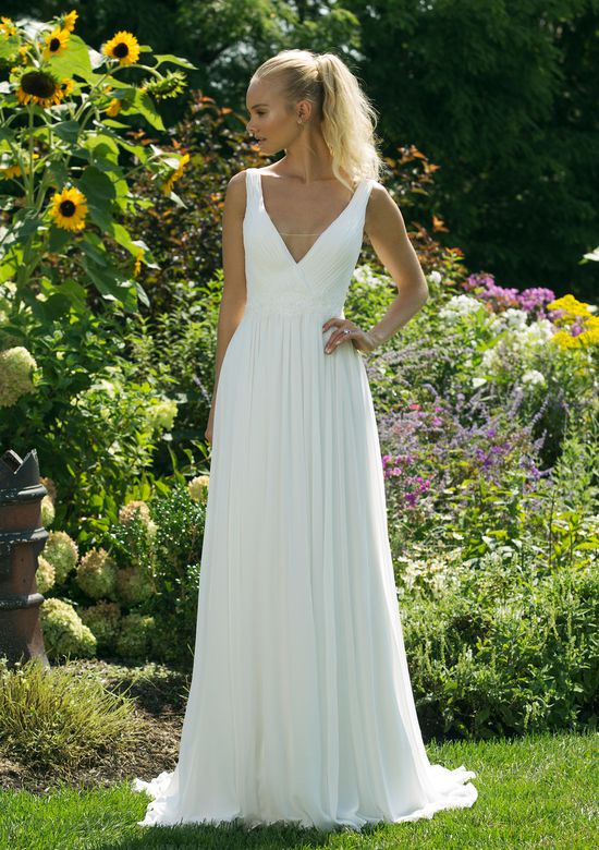 Flowing Wedding Dresses Luxury Style Chiffon A Line Gown with Plunging V Neckline