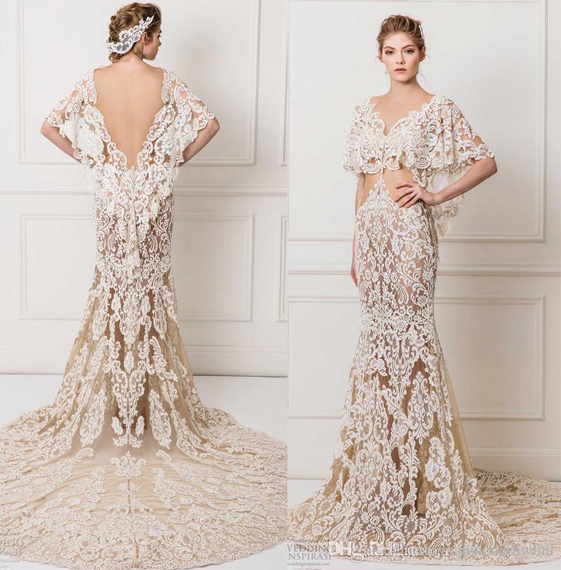 flutter sleeves champagne lace wedding dresses