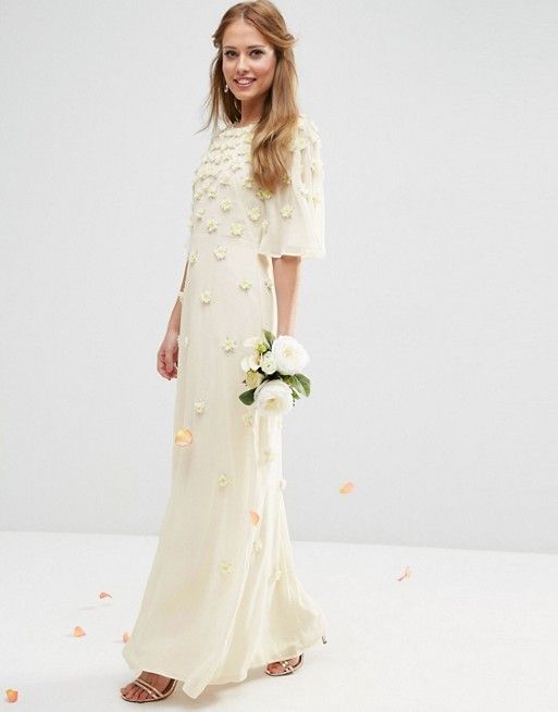 floral gowns wedding lovely bridal scattered 3d floral flutter sleeve maxi dress
