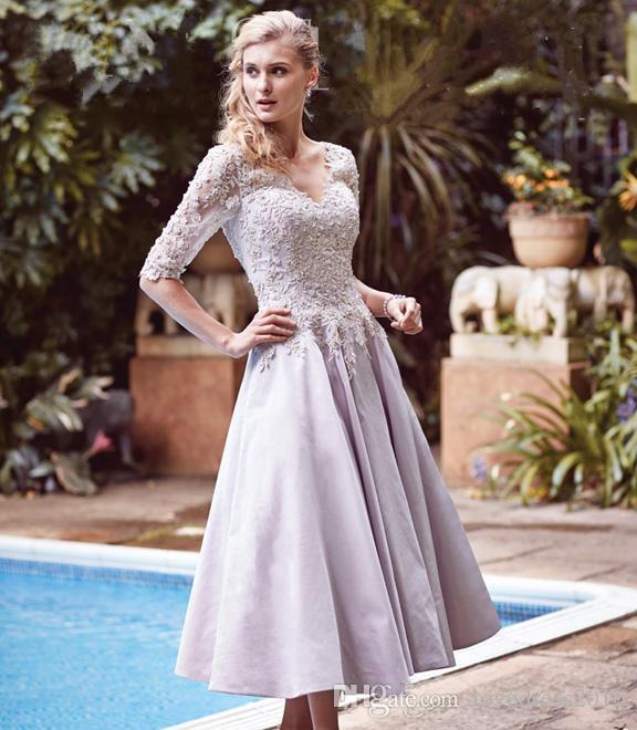 Formal Wedding Dresses Guest Elegant 2019 Half Sleeves Mother Of the Bride Dresses with Lace Applique V Neck Wedding Guest Dress Tea Length A Line Party Gowns