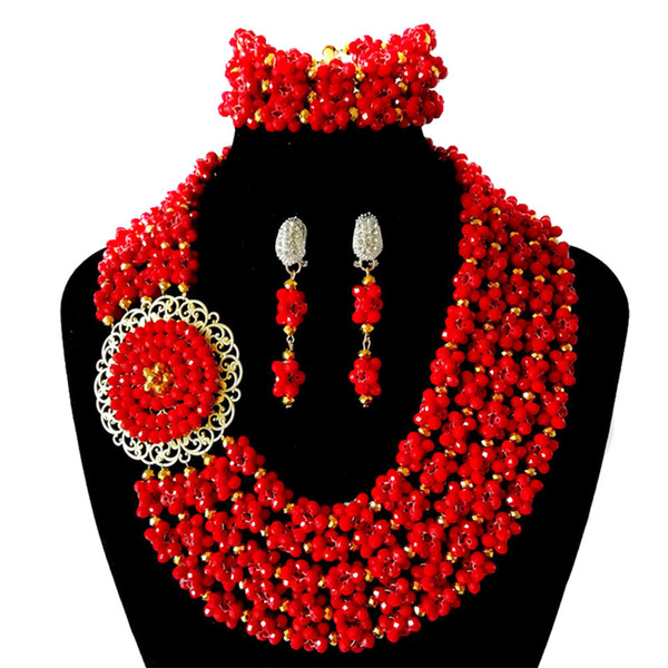 Free Stuff for Brides Unique 5 Rows Red Crystal Beaded Ball Nigerian Wedding Beads Jewelry African Beads Bridal Statement Necklace African Coral Jewelry Set for Women Mens Wedding