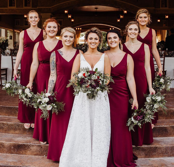Garden Wedding Dresses for Guest Beautiful Long Bridesmaid Dresses 2019 Red A Line Chiffon V Neck Summer Country Garden formal Wedding Party Guest Maid Honor Gowns Plus Size Ebony Rose
