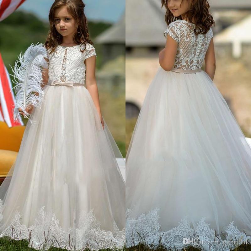 Girl Wedding Dresses Best Of Lace Tulle Flower Girls Dresses for Wedding A Line Princess Sheer Neck Cap Sleeves Appliques Long Kids formal Gown