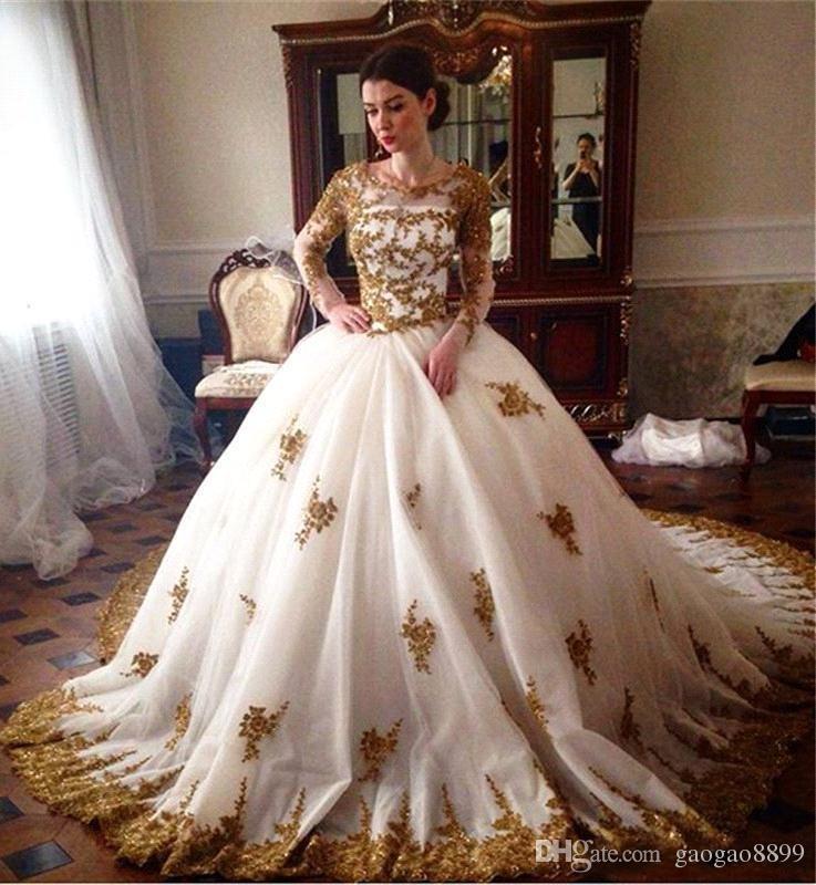 Gold Bridal Gown Beautiful Luxury 2018 Lace Ball Gowns Wedding Dresses Bridal Gowns White Gold Applique Sequins Beaded Scoop Neck Long Sleeves Chapel Train Wedding White Wedding