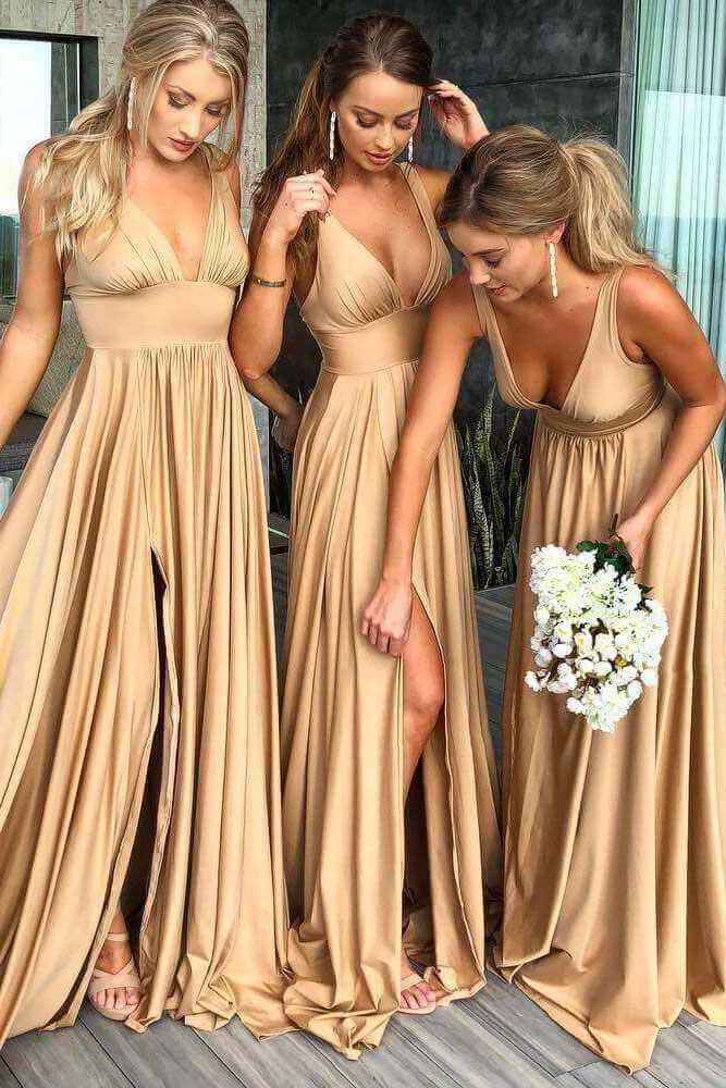Gold Wedding Dresses for Sale Beautiful Elegant A Line V Neck Gold Long Bridesmaid Dress with Side