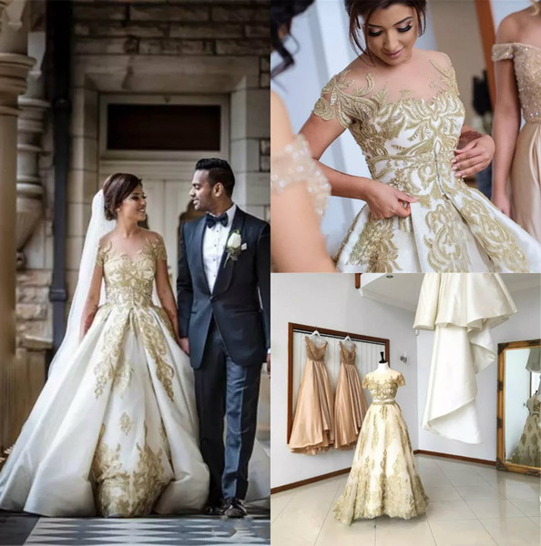 Gold Wedding Dresses with Sleeves Beautiful Discount Luxury Wedding Dress A Line Gold Lace Applique Sequins Bridal Gown Detachable Train Cap Sleeves Custom Made Wedding Dresses Wedding Gowns
