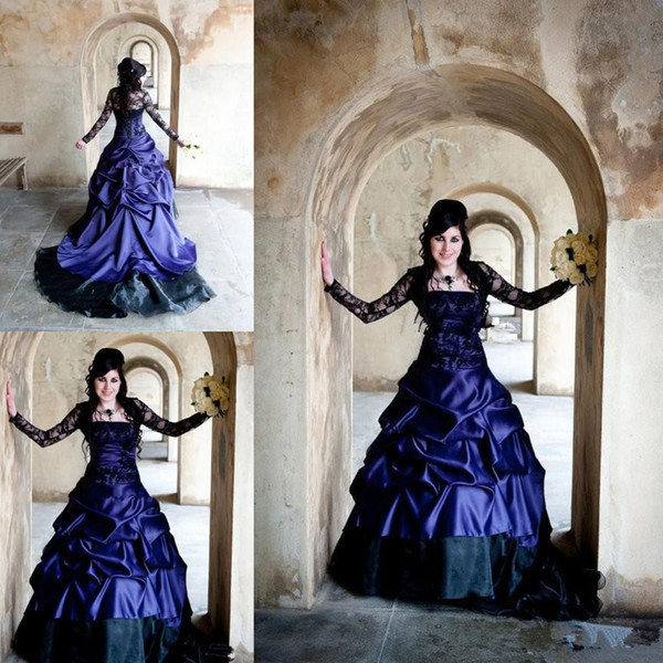 Gothic Wedding Dresses Plus Size Unique 2018 Victorian Gothic Plus Size Long Sleeve Wedding Dresses Y Purple and Black Ruffles Satin Vintage Corset Strapless Lace Bridal Gowns Wedding