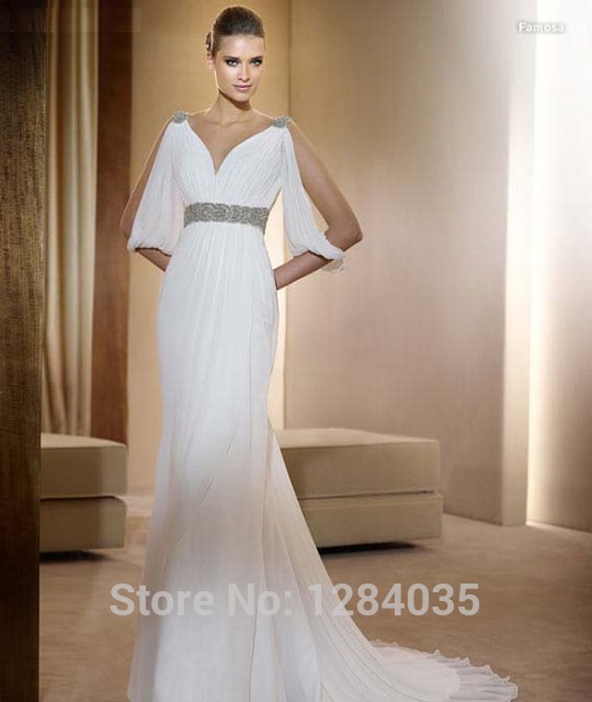 Popular Greek Goddess Style Wedding Dresses Cheap Grecian Wedding Dresses V neck Split Sleeve Chiffon Crystal 640x640