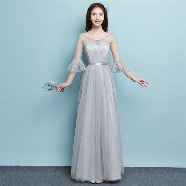 Grey Dresses for Wedding Elegant 2018 New Long Bridesmaid Dresses Women Wedding Prom Party Cocktail Elegant evening Gowns Beautiful Celebrity Dresses with Half Sleeves Sweetheart