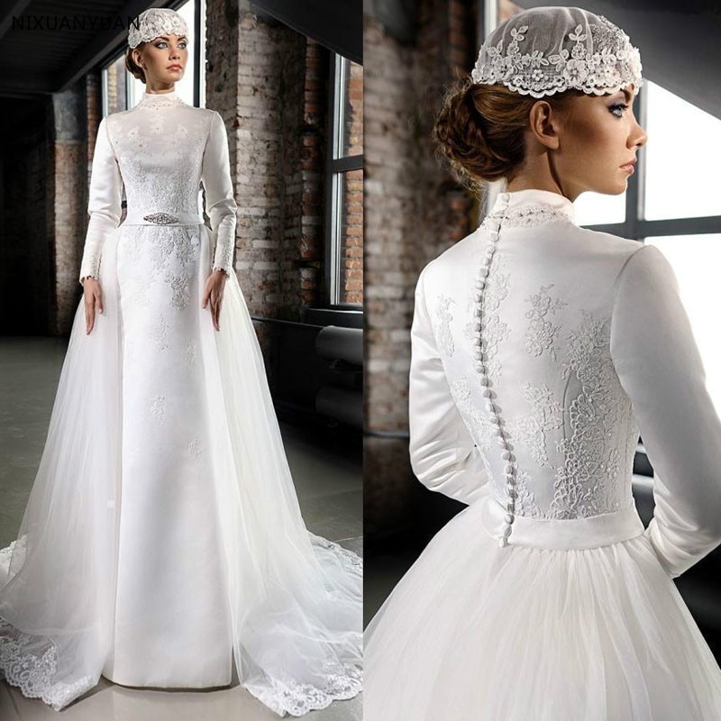 2019 New Muslim Wedding Dresses Long Sleeve High Neck Lace Appliques Satin Bride Gowns Mariage Vestido