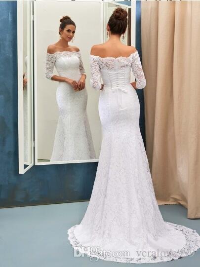 Guest Wedding Dresses 2015 Luxury Vintage Lace Mermaid Wedding Dresses 2018 F the Shoulder Long Sleeves Bridal Gowns Sweep Train Lace Up Plus Size Wedding Guest Gowns