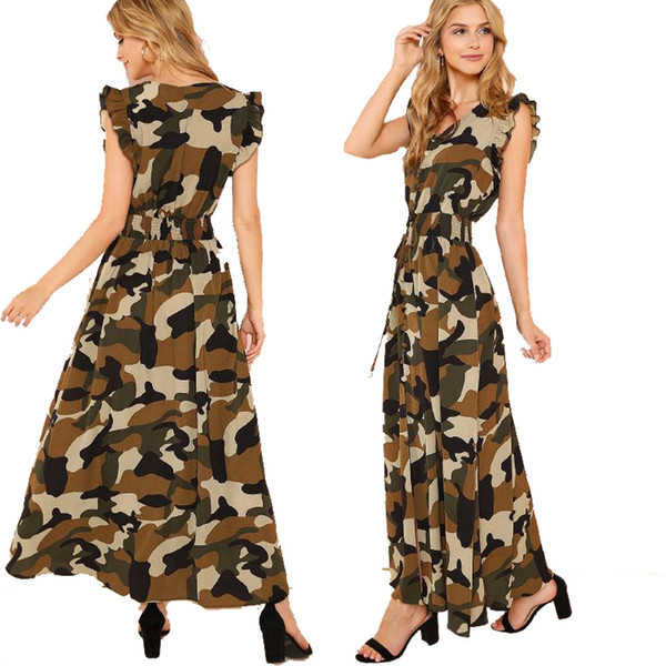 Hawaiian Wedding Dresses Casual Luxury Women Dresses Casual Ruffle Armhole Shirred Waist Split Camo Dress A Line Unique Clothes Lace Summer Dresses evening Party Dress From Clothes Zone