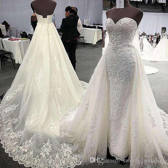 Hi End Dresses Fresh Sheer Neck Long Sleeve Mermaid Wedding Dresses with Detachable Train 2019 High End Lace Applique Cathedral Train Princess Wedding Gown