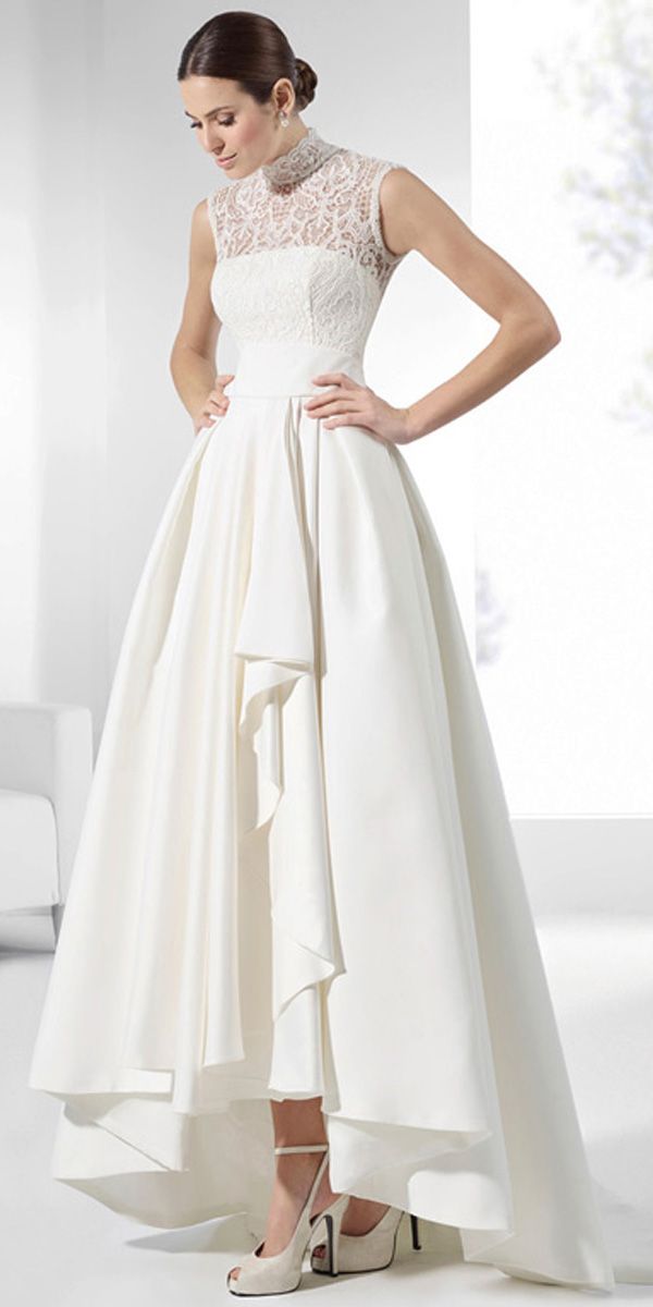 Hi Low Wedding Dresses Inspirational 183 50] Elegant Lace & Satin Illusion High Collar Hi Lo A