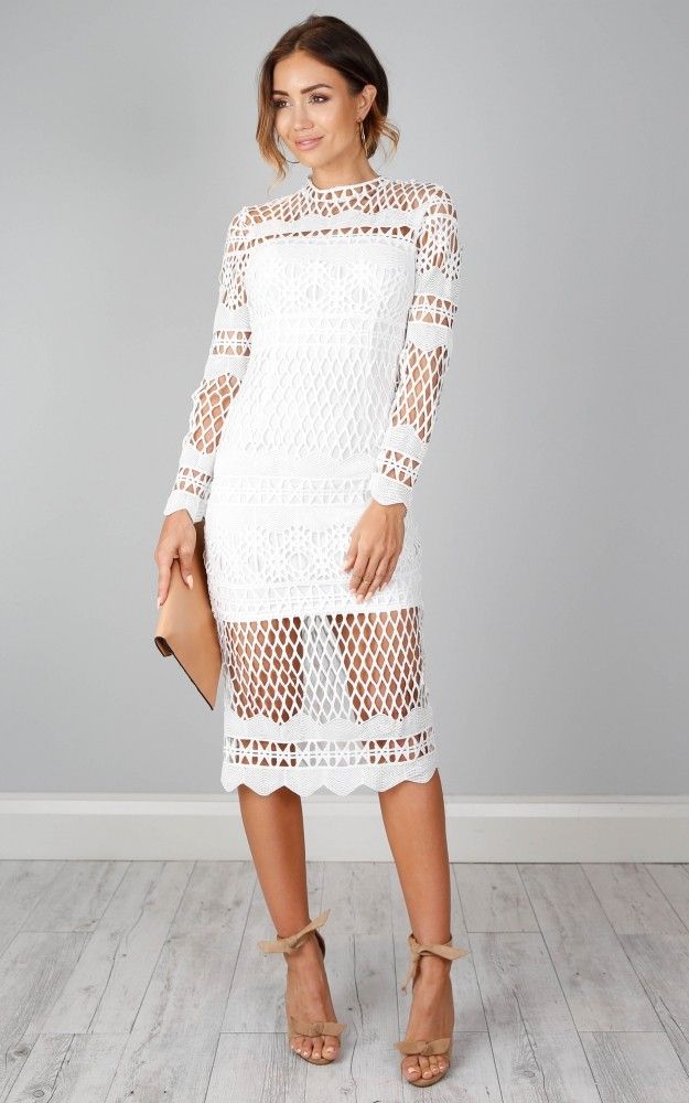 High End Dresses Fresh White Crochet Sheer Panel Midi Dress