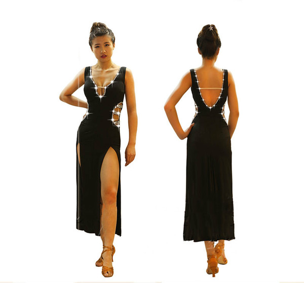 High End Dresses Lovely 2019 High End Latin Dance Dress Women Professional Wear Latin Dresses Black Y Split fork Deep V Neck Shiny Petition Clothing From Octavi