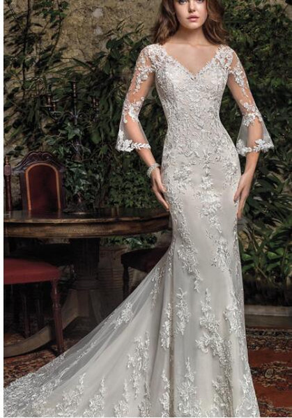 High End Dresses Unique 2019 Luxury Wedding Dress High End Gorgeous Wedding Dresssa Lineluxury V Neck Horn Sleeve Embroidery Handmade Breathtaking Dress Boutiques Dress