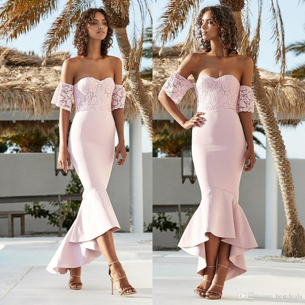 High Low Dresses Wedding Guest New Blush Pink Country Mermaid Bridesmaid Dresses 2018 Long Lace F Shoulder Short Sleeves Hi Lo Maid Honor Dress Wedding Guest Dress Baby Bridesmaid